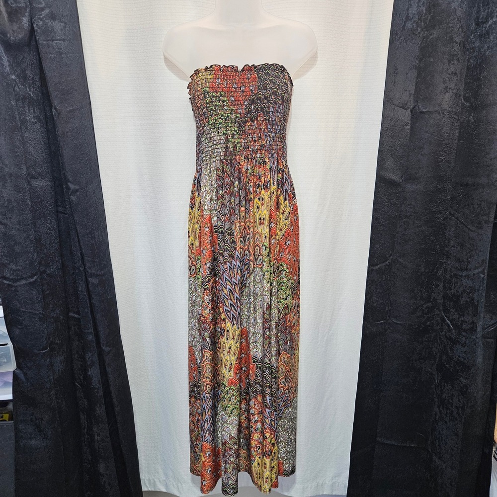 Vtg Womens 1X Strapless Smocked Maxi Dress Bohemian Peacock festival y2k USA